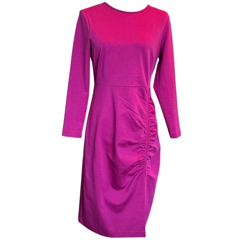 Boden Ruched Side Midi Dress Pink Magenta Long Sleeve NWT US 8